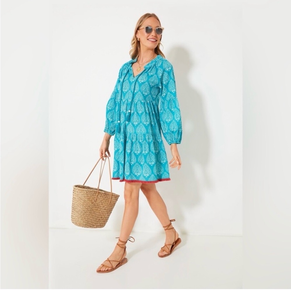 TUCKERNUCK Womens Beachy Dress Caftan Tropical Teal Lantern Block Print S